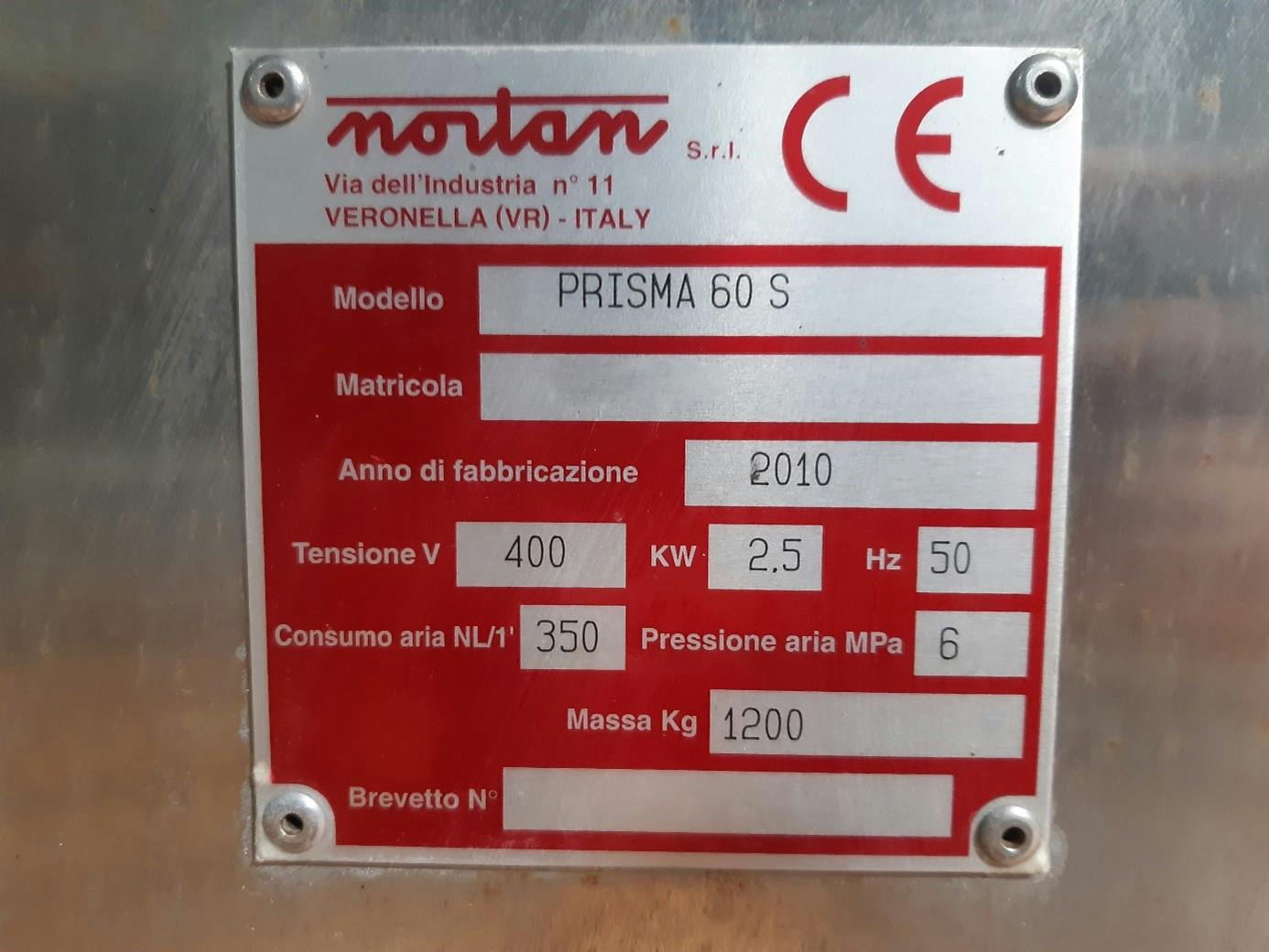 Výrobní štítek Nortan Prisma S60